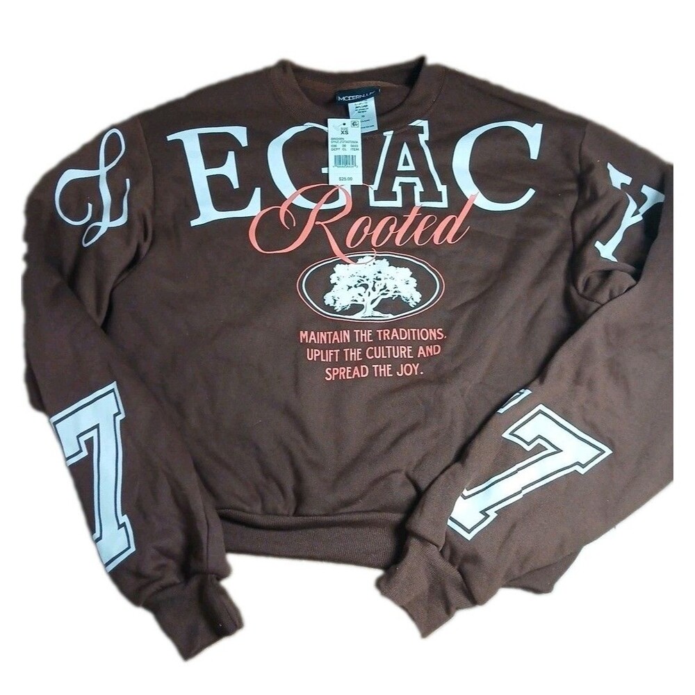 Modern Lux Women's Crewneck Legacy 77 Graphic Sweatshirt - Dark Brown XS NWT
